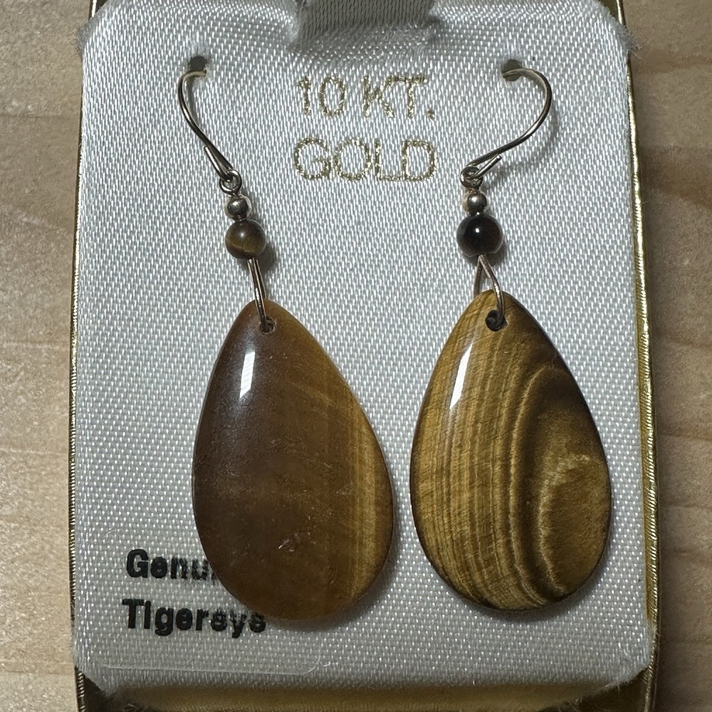 Hook Earrings 1 5/8" Genuine Tigers Eye Quartz Hallmarked 10k Yellow Gold 3.9g